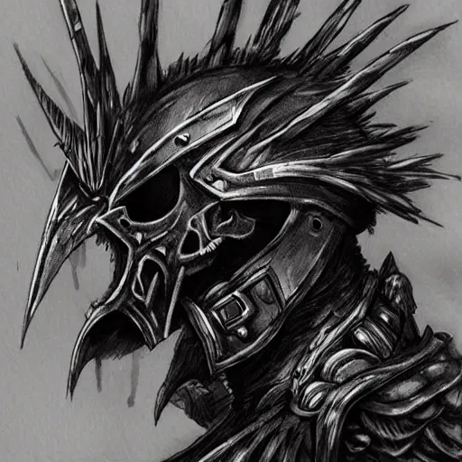 Prompt: crow skull knight helmet, headshot, side elevation, grimdark, fantasy, dark souls, b & w, concept art