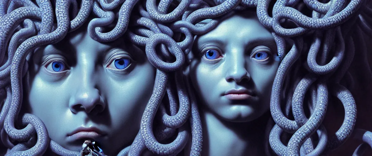 Image similar to hyperrealistic highly detailed close-up portrait of a Rubensian blue rococo medusa with 8 round cat eyes sharp concept art wayne barlowe cinematic lighting 8k low angle shallow depth of field