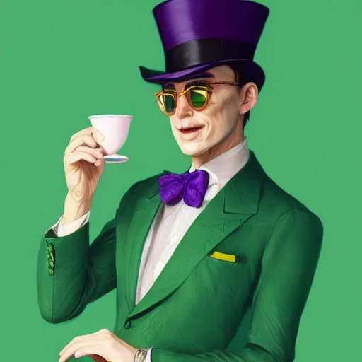 Prompt: man, Wearing green suit, Wearing green tophat, wearing purple undershirt, wearing shades, drinking tea, by Viktor Antonov, Stanley Artgerm Lau, greg rutkowski, fantasy, D&D, trending on artstation, smooth, sharp focus