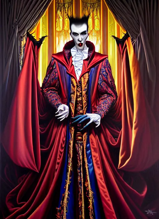 Prompt: beautiful oil painting, full length portrait of vampire!!!!! dauphinois in baroque coronation robes 1 7 0 1, blood, dan mumford, dan mumford, alex grey, hyacinthe rigaurd, highly detailed, lsd visuals, dmt fractal patterns, visionary art, psychedelic art, ornate, vaporwave, baroque, greg rutkowski