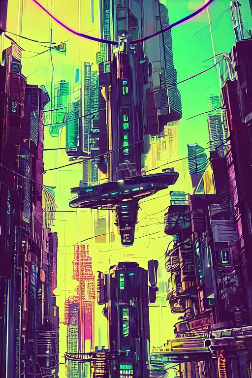 Image similar to cyberpunk buildings with a flight vehicle glowing in the sky, neon sign, bottom view ， bladerunner, by tomer hanuka