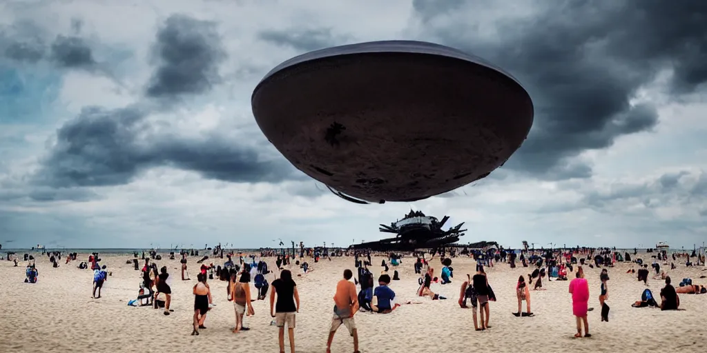 Prompt: large crowd at the beach, huge floating alien ship in the sky, cinematic, dramatic lighting, atmospheric, 5 0 mm lens, dark lighting