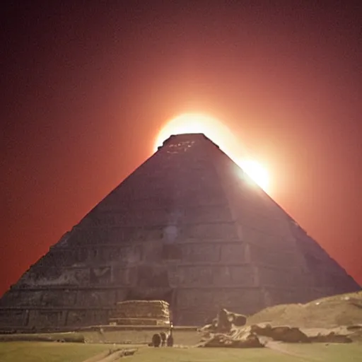 Image similar to Aztec pyramid, during an eclipse, with fires raging around