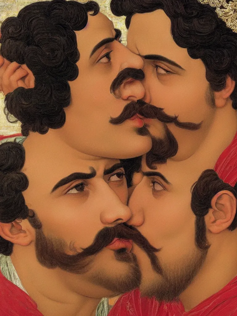 Image similar to close up portrait of 20 years old muscular persian iranian wrestlers handsome men with a mustache kiss by victor Nizovtsev and Botticelli