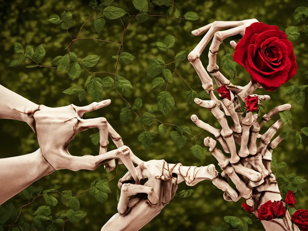Image similar to a skeleton hand reaching out of the ground, roses and vines sprouting and wrapping around the hand, kintsugi, ornamented diaphanous jewelry, forest in background, 4k, trending on artstation, photorealistic, volumetric lighting, octane render,