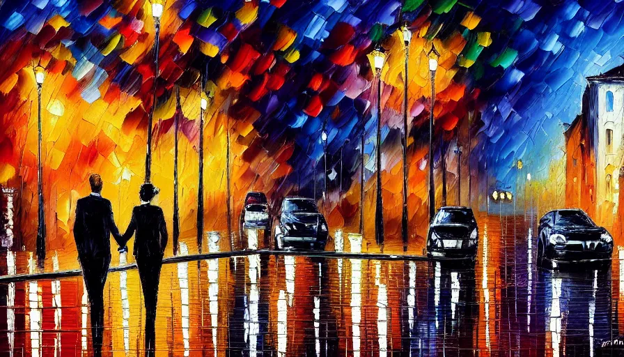 Image similar to painting afremov leonid evening landscape in the city and two people on the road