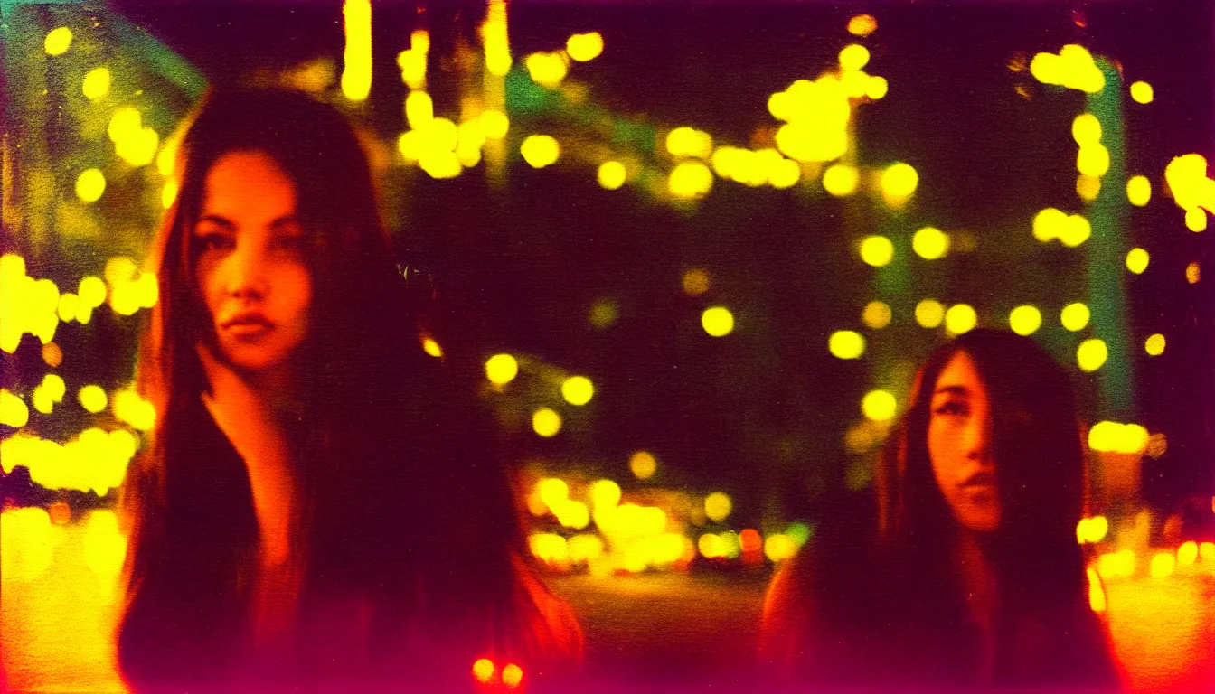 Image similar to colorful instant photograph of a beautiful woman in a city at night, polaroid, light leak, raw, nostalgic