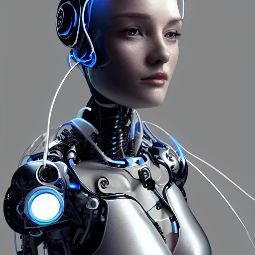 Image similar to a beautiful woman wearing robot suit with wires and light, highly detailed, photorealistic, artstation, smooth