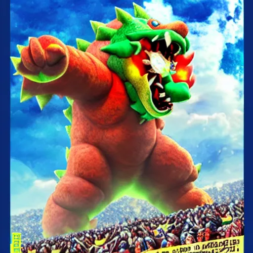 Prompt: Kaiju Bowser roaring into the sky, anime key visual, silent Hill, ruined kingdom, horror, super Mario