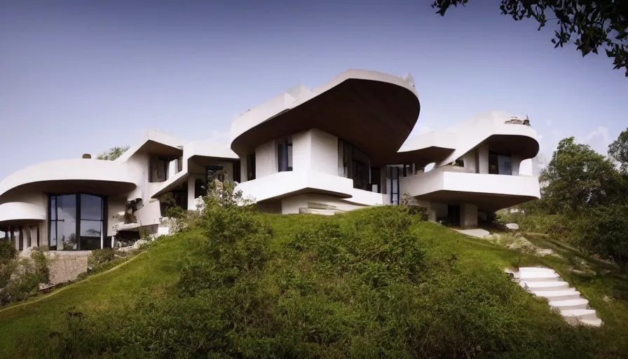 Image similar to villa inspired by tibetan architecture, on a green hill, overlooking a valley with trees, frank lloyd wright, zaha hadid, le corbeusier, photorealistic, birds eye view