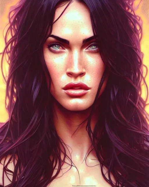 Image similar to portrait of megan fox with hot face expression, intricate, headshot, highly detailed, digital painting, artstation, concept art, sharp focus, cinematic lighting, illustration, art by artgerm and greg rutkowski, alphonse mucha, cgsociety