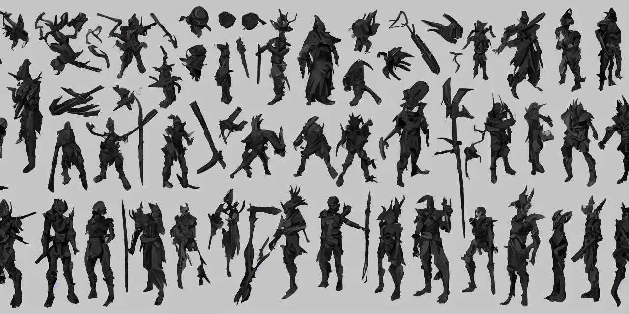 Prompt: game asset sheet, 2 d sprite, weapons material study, bold dark outlines crisp silhouette