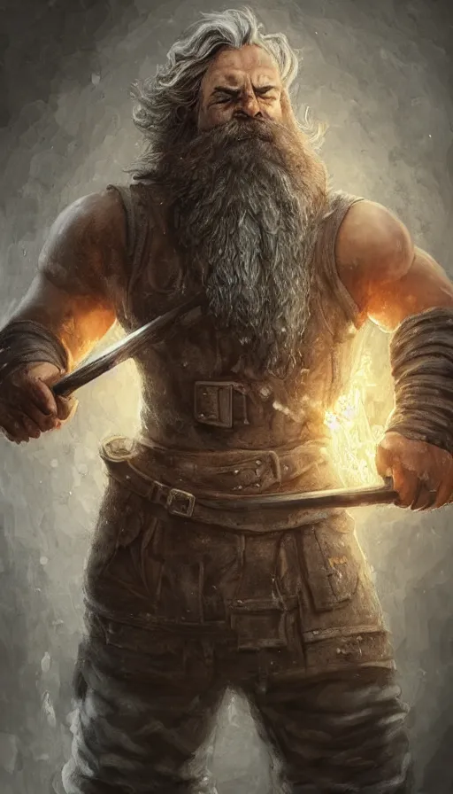 Image similar to the blacksmith, very strong, muscular, big hammer, anvil, beard, fame of thrones, fibonacci,, intricate fashion clothing, insane, intricate, highly detailed, surrealistic, digital painting, artstation, concept art, smooth, sharp focus, illustration, Unreal Engine 5, 8K, art by artgerm and greg rutkowski and alphonse mucha