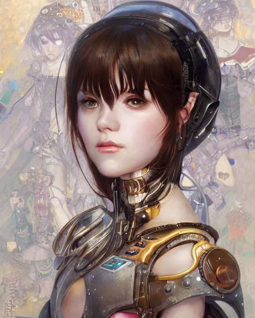 Image similar to portrait of cute beautiful young maiden, cyberpunk, Warhammer, highly detailed, artstation, illustration, art by Gustav Klimt and Range Murata