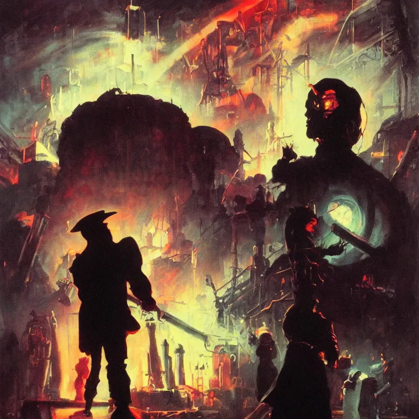 Image similar to a dark and colorful portrait of a silhouetted sci - fi wizard opening floodgates. glowing fog in the background. highly detailed science fiction painting by norman rockwell, frank frazetta, and syd mead. rich colors, high contrast, gloomy atmosphere, dark background. trending on artstation