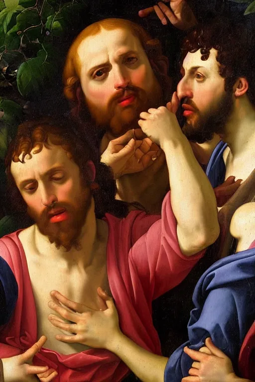 Image similar to renaissance painting of jealous men, portrait, face closeup, emotions closeup, dressed in roman clothes, the beautiful garden with blueberry bush everywhere, ultra detailed, art by guido reni style, vincenzo catena style