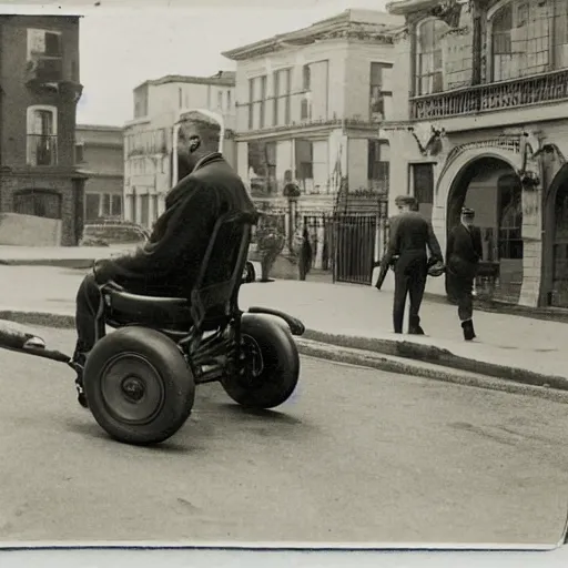 Image similar to photograph of an eldery gentleman towing an artillery cannon with a mobility scooter on a street