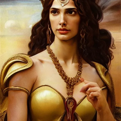 Image similar to Head and shoulders masterpiece portrait oil painting of the beautiful goddess Gal Gadot as Atenea, she is wearing roman clothes and a surreal jewelry, her hair is natural disheveled, she is approaching heaven over the clouds, naturalism, dramatic lighting, high-detailed oil painting by Ilya Repin, Michelangelo da Caravaggio, William Blake, Alex Grey and Beksinski, trending on Artsation, hystorical painting, naturalism, masterpiece, 4k, 8k,