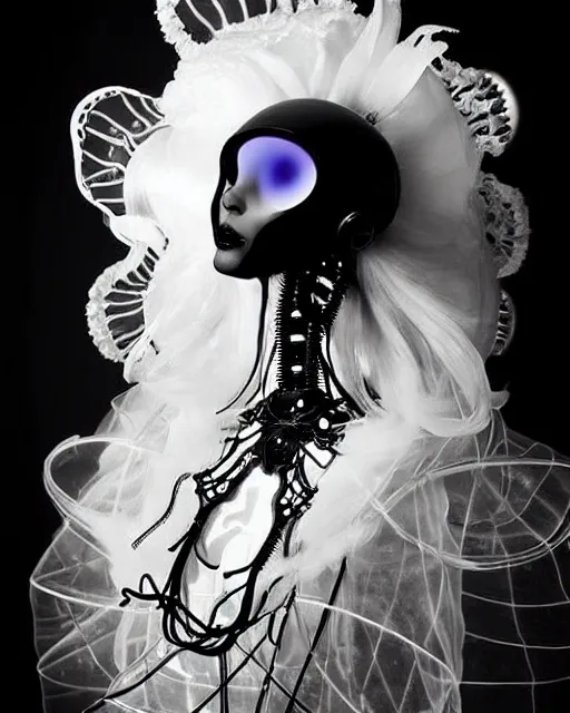 Image similar to dreamy surreal poetic black and white photo of a beautiful young bio-mechanical-female-jellyfish-cyborg-plastic-robot with a very long neck and a super big gothic lace collar and a very high big floral crown with many black dry roses by Vivienne Westwood:: smoke, high fashion, haute couture, rococo, avant-garde, elegant, dreamy, hyper realistic, 150 mm lens, soft rim light, octane render, unreal engine, picture was taken in 1910 by Dora Maar, volumetric lighting, dramatic light,8k,