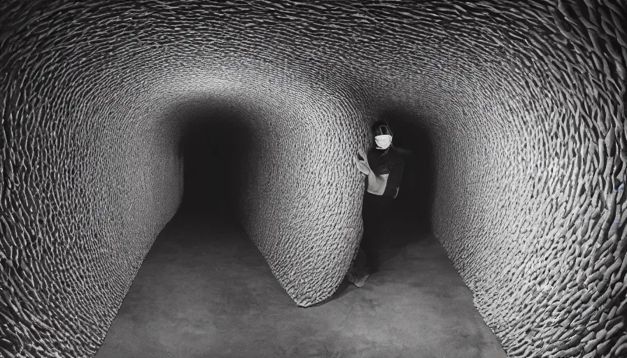 Prompt: high realistic photo portrait of a man with a taxidermic meat mask and elaborate flesh dress in a liminal space style tunnel, early black and white 8mm, heavy grain, high quality,