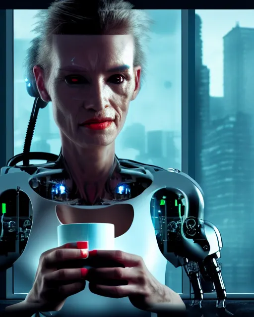 Image similar to a terminator cyborg lady with borg implants and a human face is drinking coffee near a window with dystopian city visible outside. tiny green led lights in her cybernetics. very detailed 8 k. horror cyberpunk style.