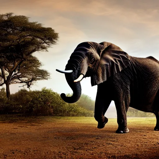 Prompt: a highly detailed panoramic photo by annie leibowitz of an elephant in the distance. the elephant has a staircase as a trunk, 8 k, super resolution