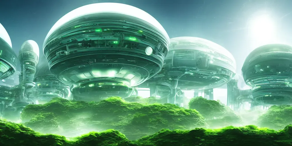 Image similar to beautiful scifi power plant, limitless energy inside, white city far away, blue sky, alien round shape, green plants, futuristic, magical feeling, detailed, digital art