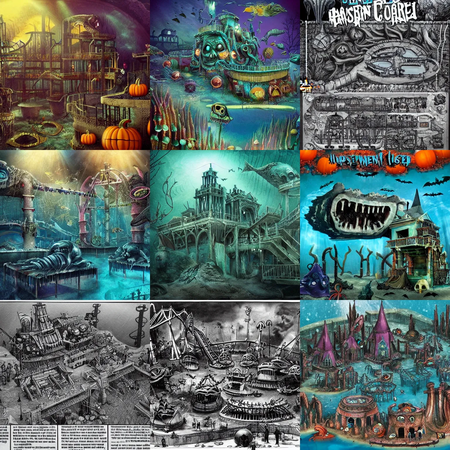 Prompt: a horror based underwater suburb based on an amusement park during halloween that takes place incredibly deep underwater and is built on the idea of the lost city of atlantis, halloween decorations, underwater city, amusement park, spooky, amusement park attractions, deep sea, horror themed, fun, in the style of harper groff