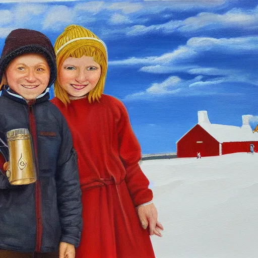 Image similar to a highly detailed painting of a young couple holding a tin can, remote icelandic village, blonde hair, trending on artstation,