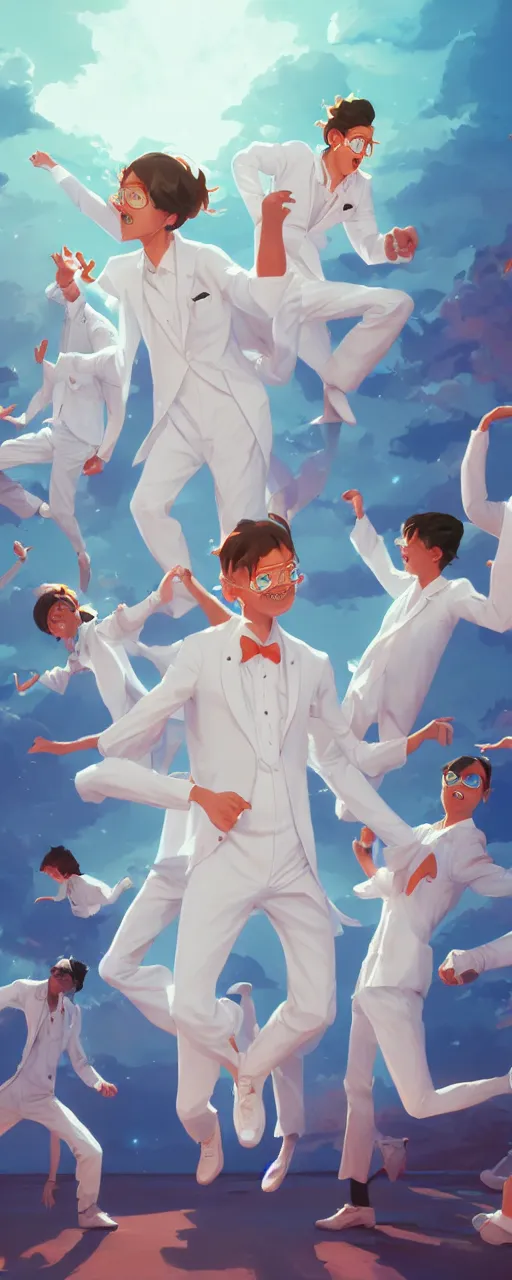 Prompt: excited community of young scientists are happy dancing - wearing white suit, digital art, detailed 8 k behance hd by jesper ejsing, by rhads, makoto shinkai and lois van baarle, ilya kuvshinov, rossdraws global illumination.