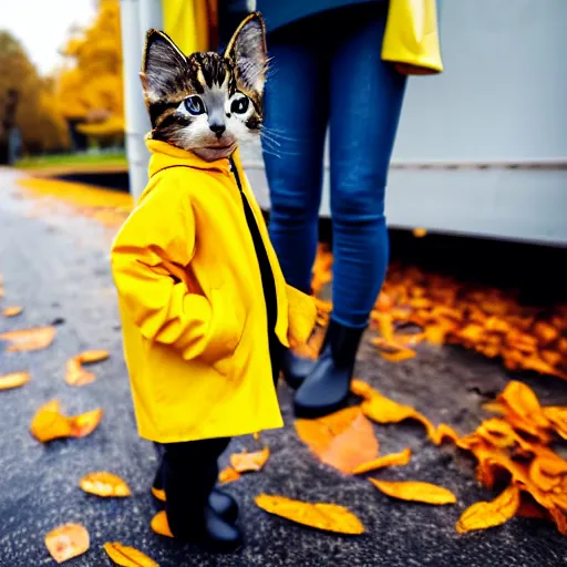 Image similar to anthropomorphic cute kitten wearing a yellow raincoat and yellow boots getting off the schoolbus on the first day of kindergarten, with colorful fall leaves and light rain, critical moment photograph