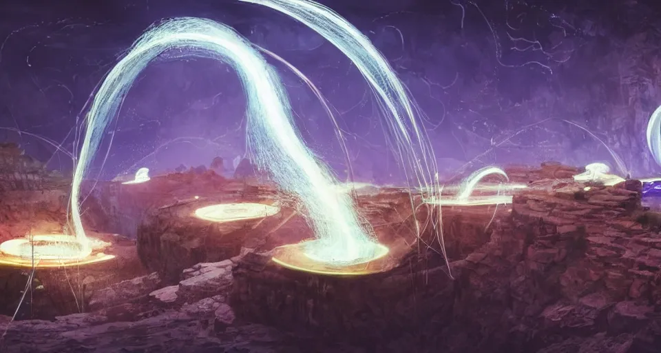 Image similar to night, a lot of people and a spiral - shaped white luminous attractor is floating in grand canyon, concept art, art for the game, professional lighting, art