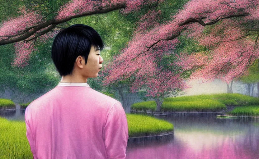 Image similar to harmony of pink haired young asian man backlit staring at black haired young asian man from across a pond, love at first sight, by alan lee, muted colors, springtime, colorful flowers & foliage in full bloom, sunlight filtering through trees & skin, digital art, art station cfg _ scale 9