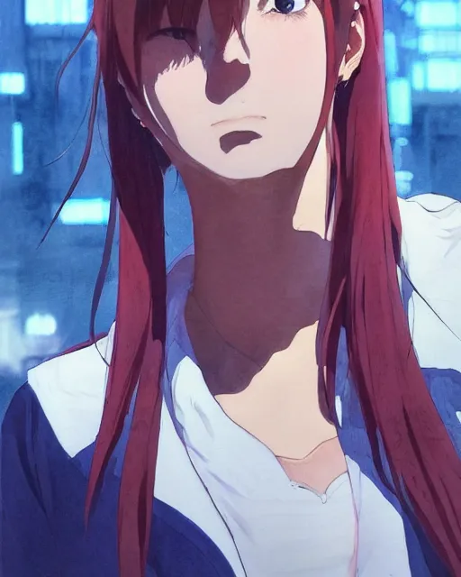 Image similar to face portrait of a very beautiful anime girl with tanned skin and chin length white hair wearing a red shirt and a black leather jacket, watercolor, digital painting, art by ( makoto shinkai ) ( ( ( shirow masamune ) ) ) and katsuhiro otomo, very detailed, sharp focus, digital painting, cyberpunk, high quality, color manga panel, hard shadows