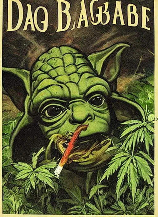 Image similar to vintage tourism poster for dagobah, depicting stoned yoda using force powers to smoke a blunt, surrounded by cannabis plants,