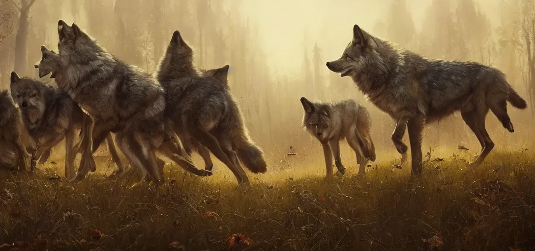 Prompt: beautiful painting of a group of wolves at twilight, by Sergey Kolesov, Stanley Artgermm, Tom Bagshaw, Greg Rutkowski, Carne Griffiths, trending on Artstation, 8k, masterpiece, graffiti paint, dishonored, fine detail, full of color, intricate detail