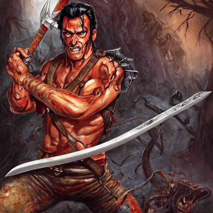 Image similar to Ash Williams from The evil dead, manowar album, Muscular man, striking demon with large bloody barbarian sword, D&D, fantasy, intricate, cinematic lighting, highly detailed, digital painting, artstation, concept art, smooth, sharp focus, illustration by Cory Loftis