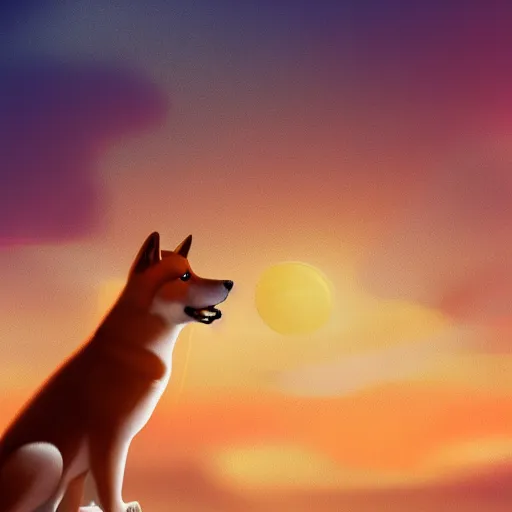 Image similar to The profile of a Shiba Inu shining golden in the setting sun, illustration, trending on artstation, photoreallrstic