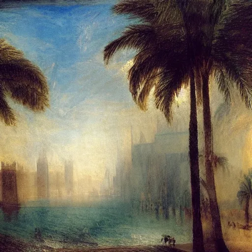 Prompt: London with Palm trees, painted by Turner