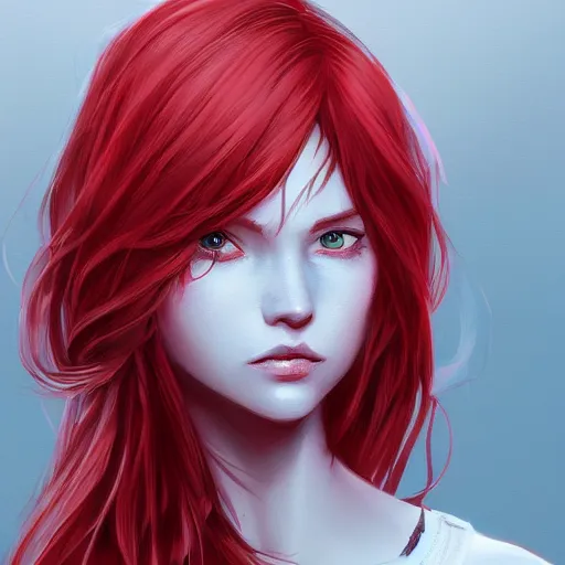 Image similar to a girl wearing casual clothes, red hair, blue eyes, highly detailed, digital painting, artstation, concept art, smooth, sharp focus, illustration