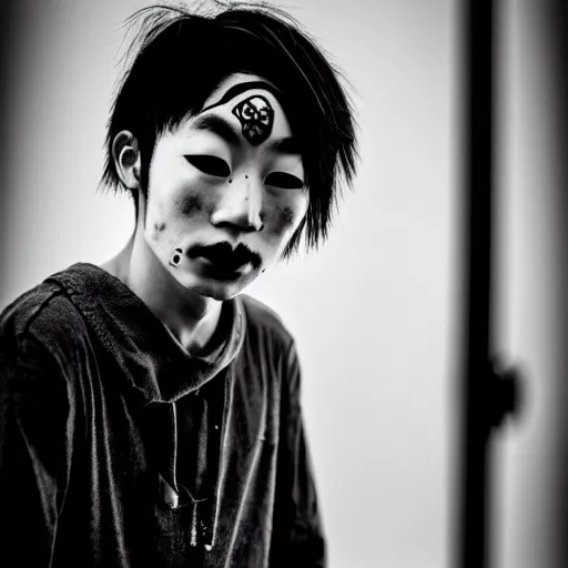 Image similar to beautiful tragic young chinese man with gutterpunk poke and stick face tattoos at dusk, black & white, richard avedon, 5 0 mm, grainy, low light