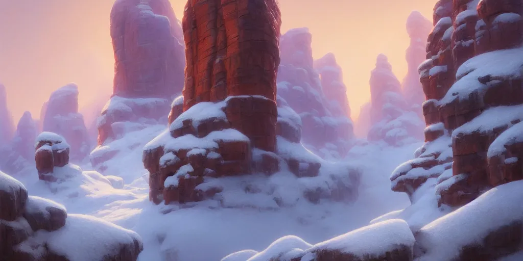 Prompt: the Craggy snowy deadly canyon, low rim light through low lying clouds, extremely detailed oil painting, unreal 5 render, rhads, Bruce Pennington, Studio Ghibli, tim hildebrandt, digital art, octane render, beautiful composition, trending on artstation, award-winning photograph, masterpiece