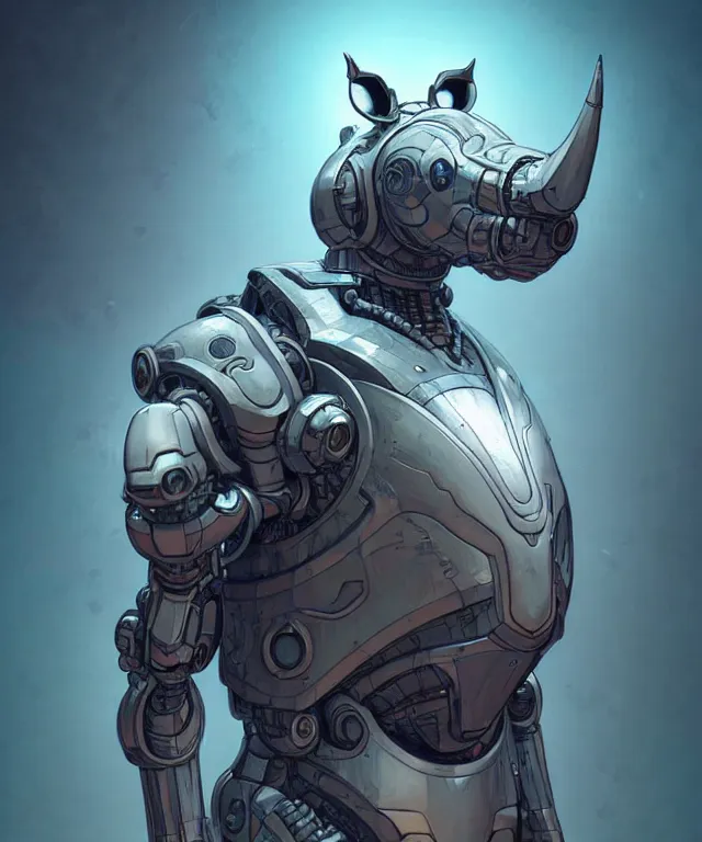 Image similar to an anthropomorphic rhinoceros portrait wearing a sci fi armor, surrealism , scifi, intricate mecha armor, elegant, highly detailed cybernetic body armor, neon glowing eyes, digital painting, artstation, concept art, smooth, sharp focus, illustration, art by Artgerm and moebius and Peter Mohrbacher,