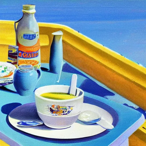 Prompt: cup of yogurt on table foreground, intricate detail, 8k optane render, background has a blue sky, optimistic colors, background by Robert McCall, solarpunk