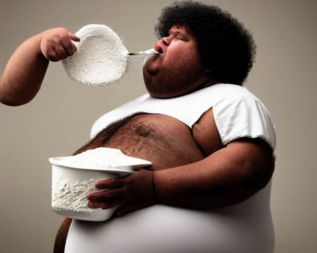 Image similar to Obese man with an afro eating as much flour and oil humanly possible, he weighs 900000000 pounds and is drinking oil from a pitcher