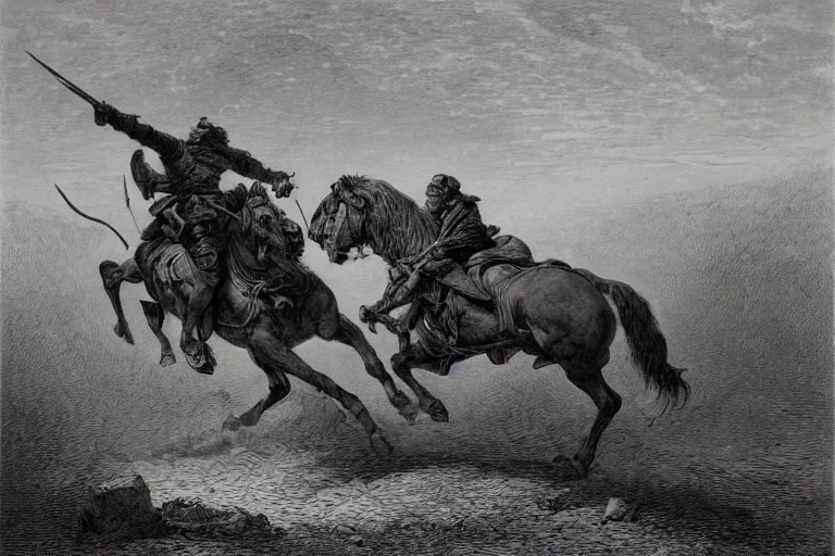 Image similar to A huge rider on a horse knocks out an infantryman in the middle of an epic battle , Gustave Dore lithography