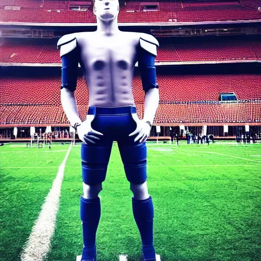 Image similar to “ a realistic detailed photo of a guy who is an attractive humanoid who is half robot and half humanoid, who is a male android, football player christian mccaffrey, shiny skin, posing like a statue, blank stare, on the field, on display ”