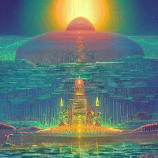 Prompt: a temple on a strange planet, by bruce pennington,, by kilian eng, by sam freio, by thomas rome, by victor mosquera, juxtapoz, behance, dayglo, prismatic
