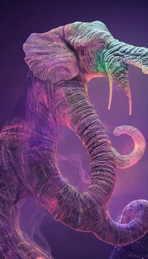 Image similar to 8K UHD Houdini Recursive structure, a fractal elephant, background bioluminescent swirling smoke wisps, natural gradient palette, volumetric lighting, 18 mm lens