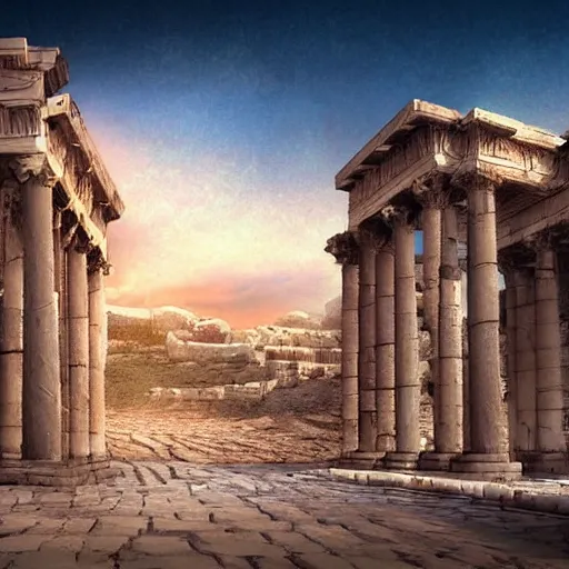 Image similar to Cinematic view of ancient fantasy city with greek architecture in a searing desert; fantasy art